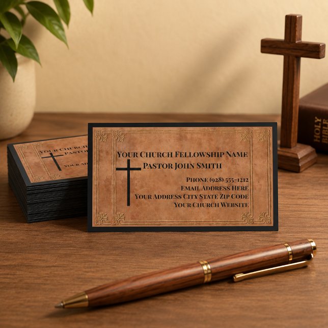 Tarjeta De Visita Iglesia de Cuero Marrón Estampado Rugged (The leather details are simulated in the artwork. No actual leather will be used in this card.)