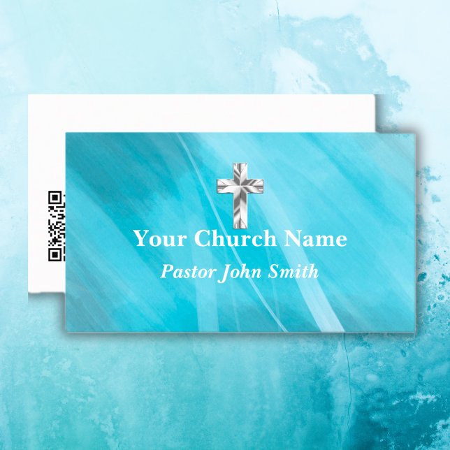 Tarjeta De Visita Iglesia de Plata Azul Metálica Pastor Cruz Cristia (Metallic Blue Silver Church Pastor Christian Cross Business Card)