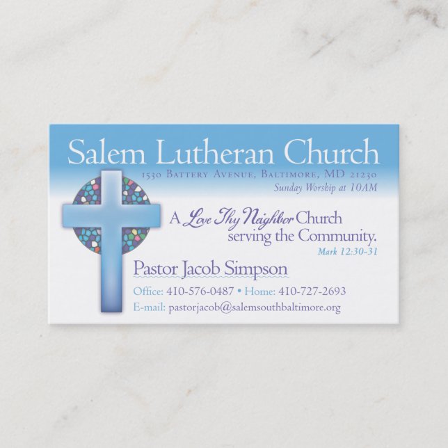 Tarjeta De Visita Iglesia luterana de Jake Salem del pastor (Anverso)