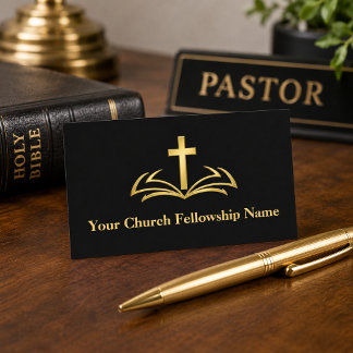 Tarjeta De Visita Iglesia Pastor Logo Cruz de Oro Biblia Abierta