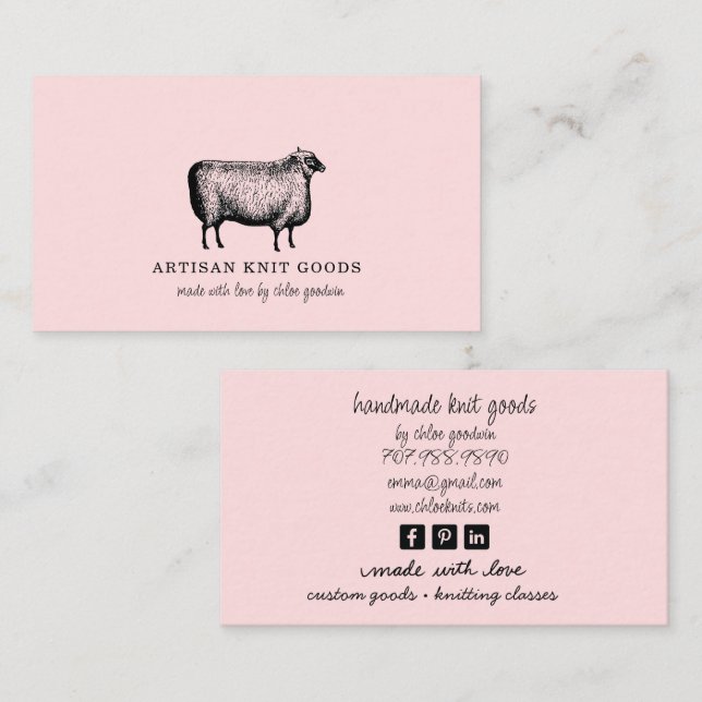 Tarjeta De Visita Illustrated Sheep Knitting Pink Business (Anverso / Reverso)