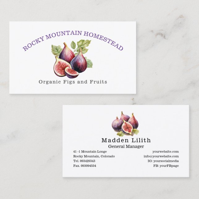 Tarjeta De Visita Ilustracion Botánico Orgánico de Frutas de Fig (Anverso / Reverso)