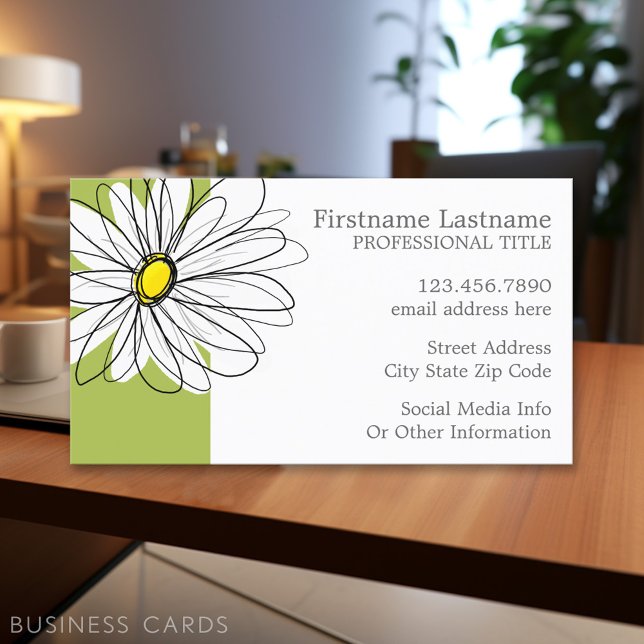 Tarjeta De Visita Ilustracion Daisy Floral de moda - cal y amarillo (Personalized Printed Business Cards)