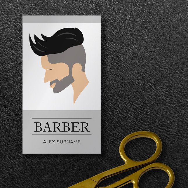 Tarjeta De Visita Ilustracion de barbería gris estilo cabello mascul (Business card design for barbers and hairdressers.)