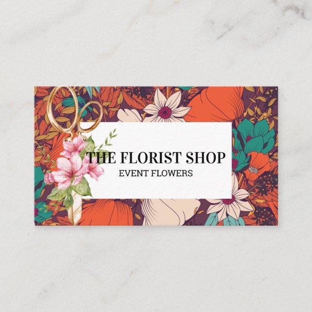 Tarjeta De Visita Ilustracion de flores | Tijeras floristas (Anverso)