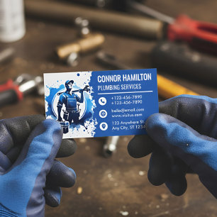 Tarjeta De Visita Ilustración de fontanero con acuarela azul y blanc