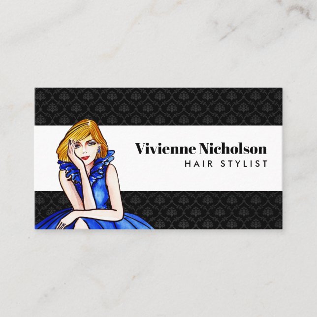 Tarjeta De Visita Ilustracion de moda Dark Royal Blue Cocktail Gown (Anverso)