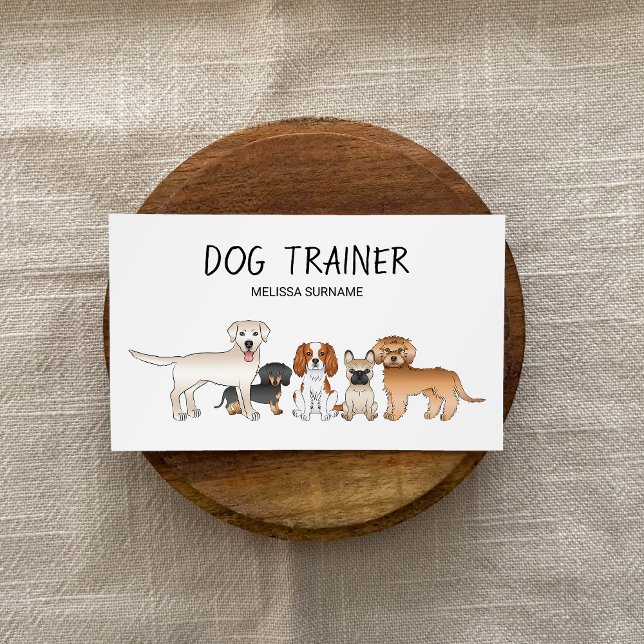 Tarjeta De Visita Ilustracion de perros de dibujos animados - entren (Promote your dog services with the help of this cute business card design with cartoon dogs on it.)