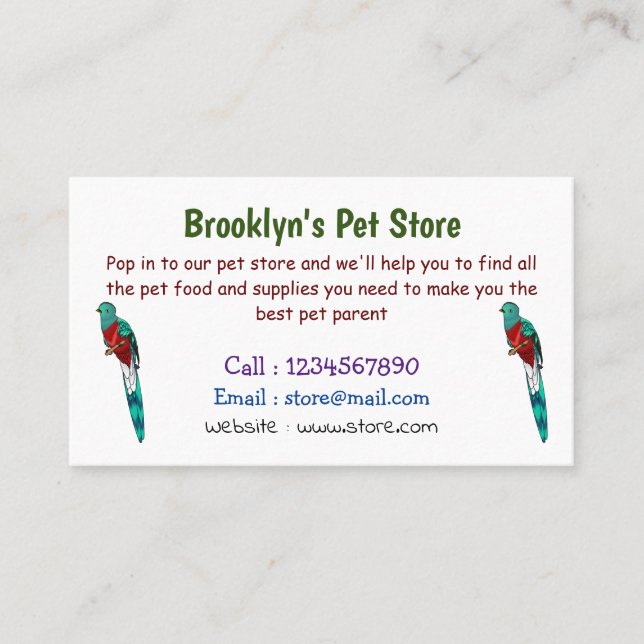 Tarjeta De Visita Ilustracion de personalizado de aves quetzales res (Anverso)