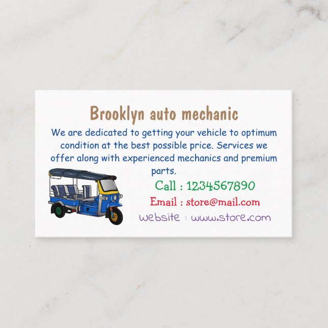 Tarjeta De Visita Ilustracion de personalizado tuk tuk (Anverso)