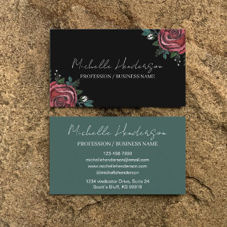 Tarjeta De Visita Ilustración de Rosa Roja Verde Negro Elegante Flor