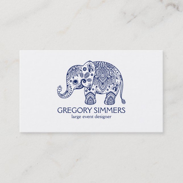 Tarjeta De Visita Ilustracion elefante de la Marina Blue Paisley (Anverso)