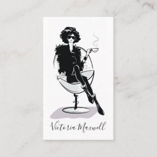 Tarjeta De Visita Ilustración en negro y blanco de mujer estilista d