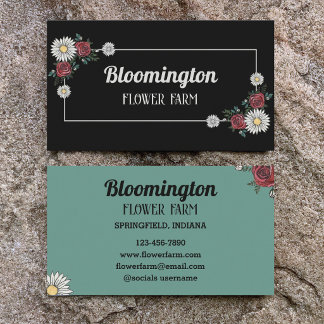 Tarjeta De Visita Ilustración floral elegante en negro y verde Flori
