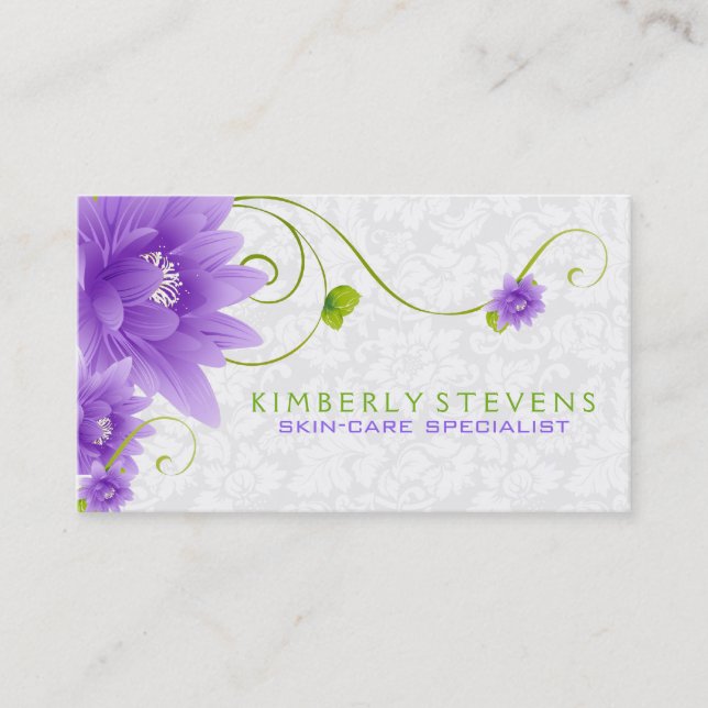 Tarjeta De Visita Ilustracion Floral Morado Blanco Y Verde (Anverso)