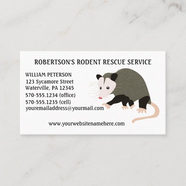 Tarjeta De Visita Ilustracion Possum para la eliminación de roedores (Anverso)