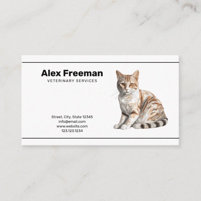 Tarjeta De Visita Ilustracion simple de gato de texto negro veterina (Anverso)