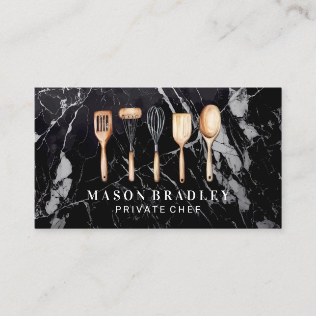Tarjeta De Visita Ilustraciones de cocina de madera | Mármol negro (Anverso)
