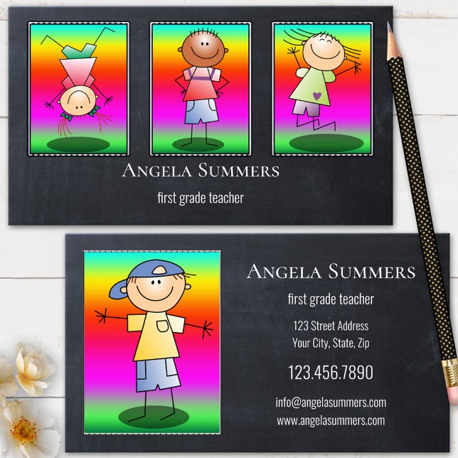 Tarjeta De Visita Ilustraciones del Personalizado de profesores de C (Business card featuring your photos or illustrations on chalkboard - teacher - blackboard - cute)