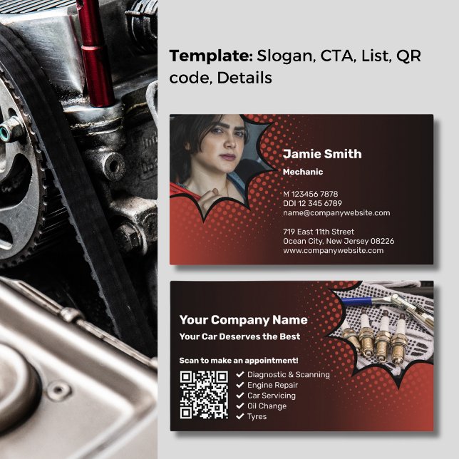 Tarjeta De Visita Imagen profesional con un mecánico de automoción r (Professional Image with a Red Automotive Mechanic Business Card)