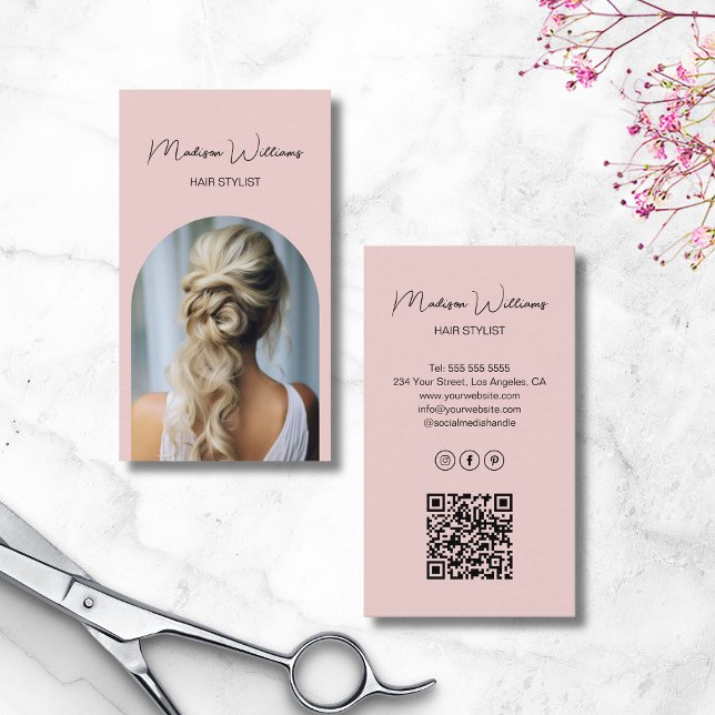 Tarjeta De Visita Imagen Rosa De Arco Moderno De Estilo Cabello (Hair Stylist Modern Arch Photo Pink Business Card)