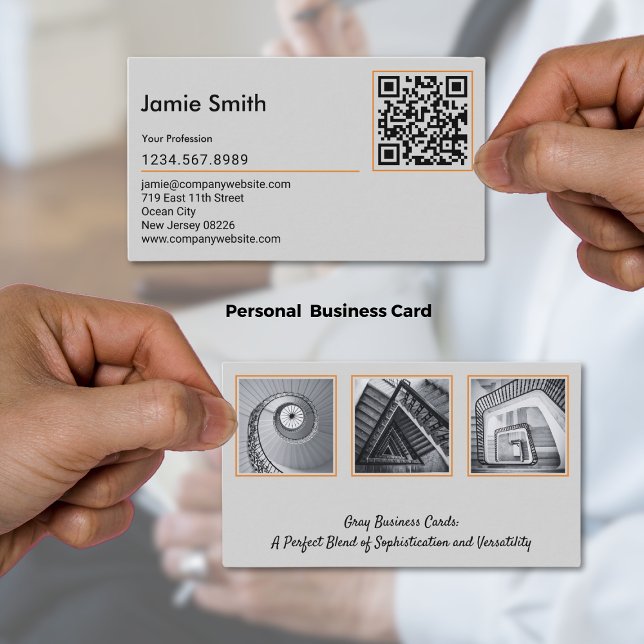 Tarjeta De Visita Imágenes Personalizados sofisticadas de código QR  (Sophisticated Custom Images QR Code Gray Business Card)