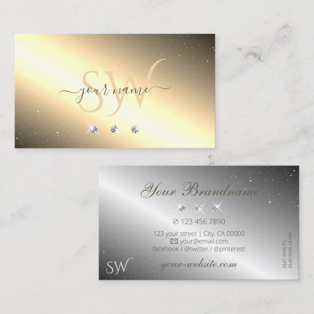 Tarjeta De Visita Immery Golden Silver Sparkling Diamonds Initials (Anverso / Reverso)