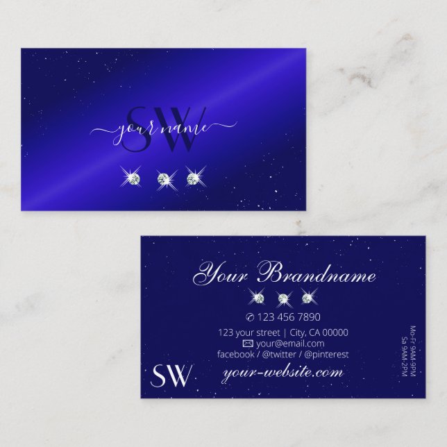 Tarjeta De Visita Immery Royal Blue Sparkling Diamonds Initials (Anverso / Reverso)