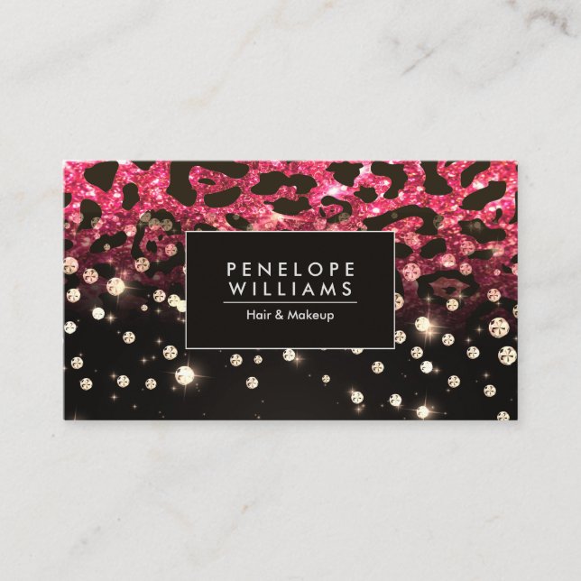 Tarjeta De Visita Impresión de leopardo de Purpurina rosa y diamante (Anverso)
