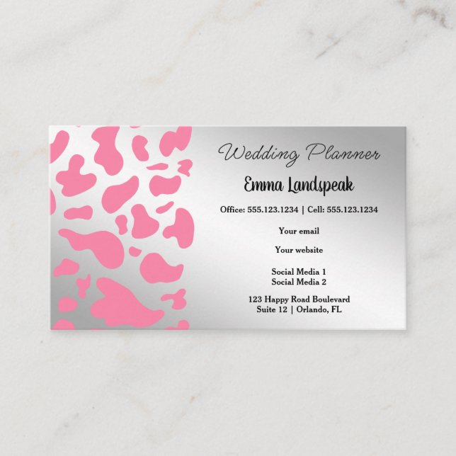 Tarjeta De Visita Impresión de vaca rosa y plata (Anverso)