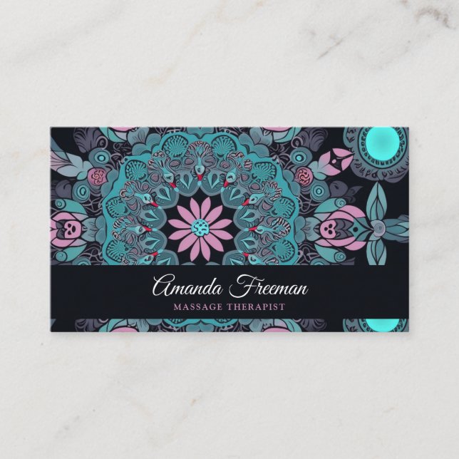 Tarjeta De Visita Impresionante Terapia de Masaje de Mandala Negra y (Anverso)