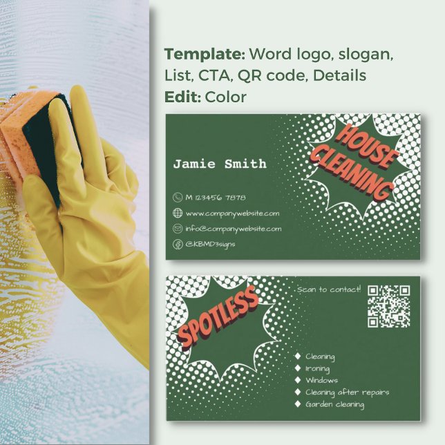 Tarjeta De Visita Impresiones espeluznantes Limpieza de Casa Blanca  (Sparkling Impressions Green & White House Cleaning Business Card, Spotless Word Logo, QR Code, CTA)