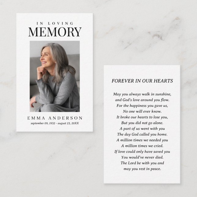 Tarjeta De Visita In Loving Memory Simple Photo Funeral Prayer Card (Anverso / Reverso)