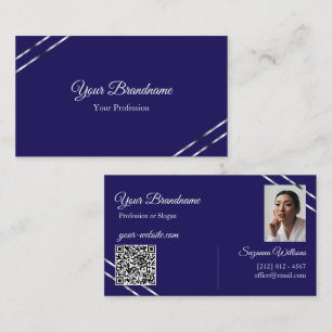 Tarjeta De Visita Índigo Azul con Líneas de Plata Foto y Código QR