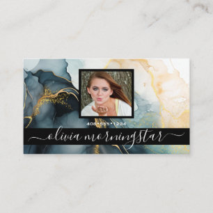 Tarjeta De Visita Índigo y Oro Tinta Fluida Oscura QR y Foto 