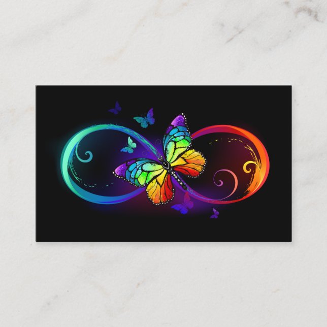 Tarjeta De Visita Infinito vibrante con mariposa arco iris sobre neg (Anverso)