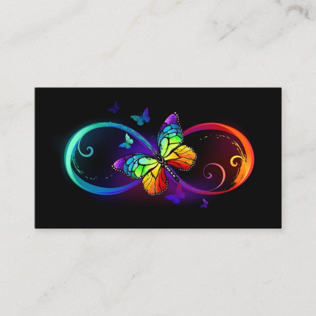 Tarjeta De Visita Infinito vibrante con mariposa arco iris sobre neg (Anverso)