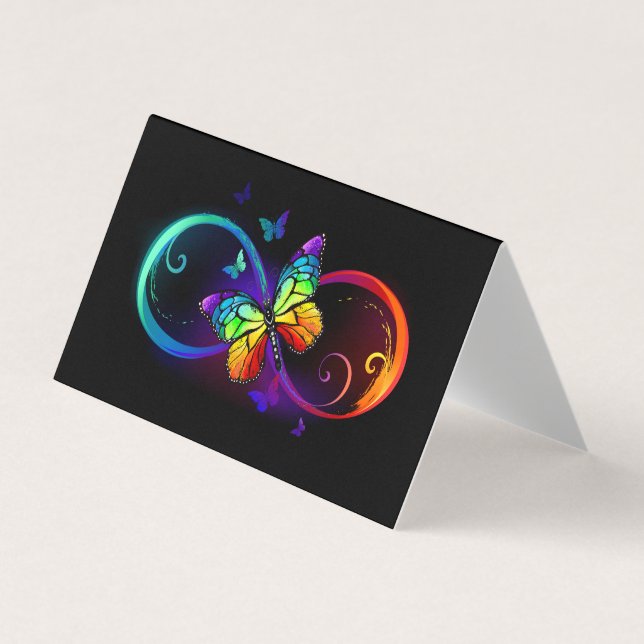 Tarjeta De Visita Infinito vibrante con mariposa arco iris sobre neg (Anverso)