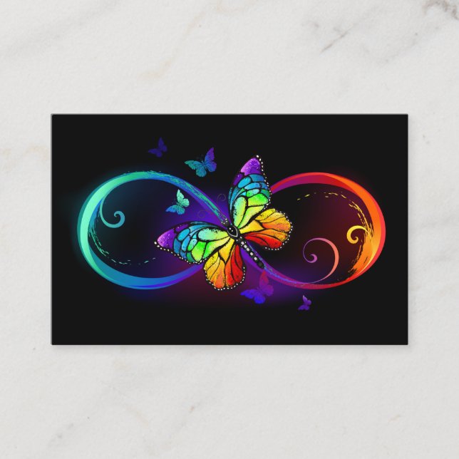 Tarjeta De Visita Infinito vibrante con mariposa arco iris sobre neg (Anverso)