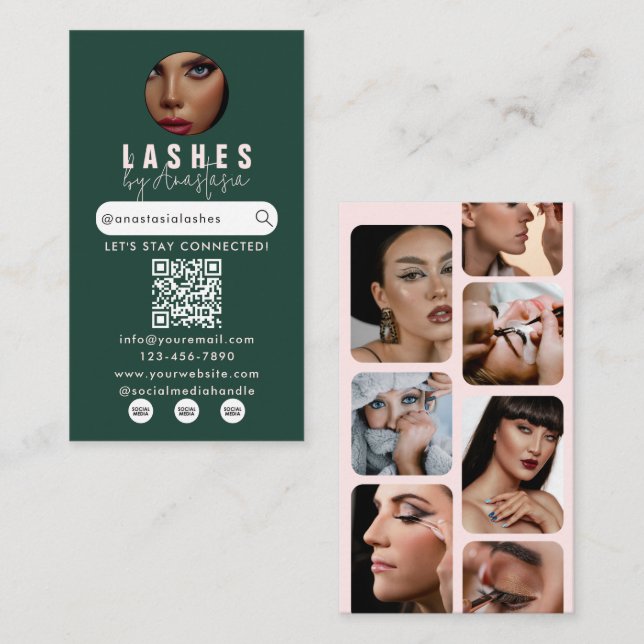 Tarjeta De Visita Influencer Beauty Salon Lashes Photos Green Pink  (Anverso / Reverso)