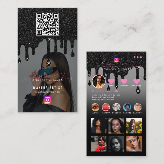 Tarjeta De Visita Influencer Photo Feed Social Media Black Purpurina (Anverso / Reverso)