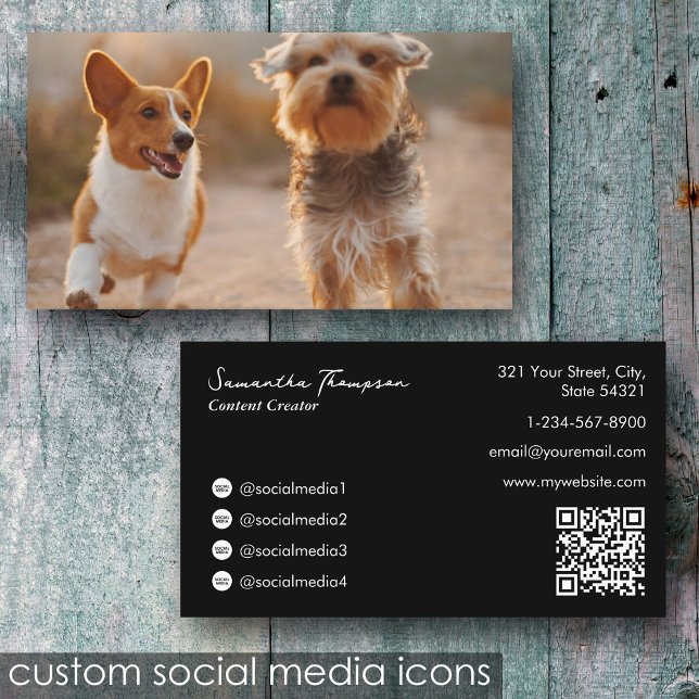 Tarjeta De Visita Influencia de Mascota animal Fotos completas Códig (Animal Pet Influencer Full Photo QR Code Black Business Card)