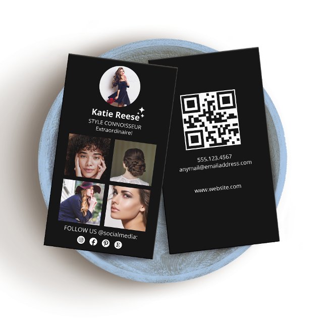 Tarjeta De Visita Influencia de medios sociales en foto negra (Instagram social media networking 4 photo  business card with QR Code)