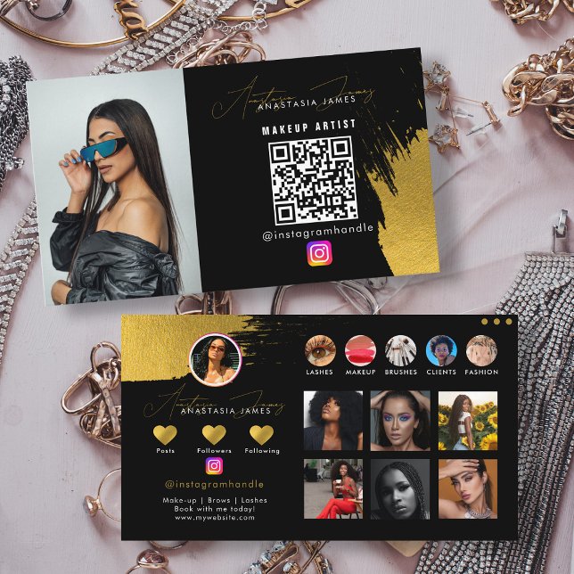 Tarjeta De Visita Influenciar código QR en medios sociales de Black  (Influencer Black & Gold Social Media QR Code Business Card)