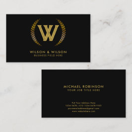Tarjeta De Visita Inicial elegante | Hojas de Laurel doradas en negr