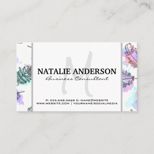 Tarjeta De Visita Inicial | Patrón de boho de Feathers (Anverso)