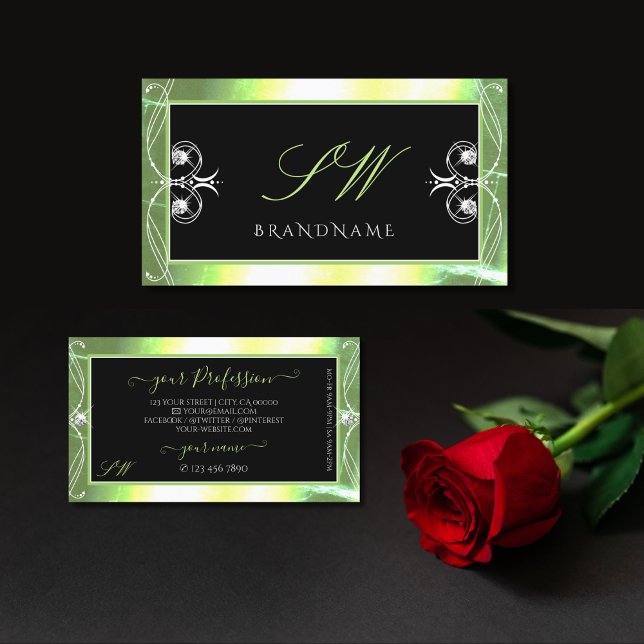 Tarjeta De Visita Iniciales de diamantes brillantes verdes y negros (Subido por el creador)