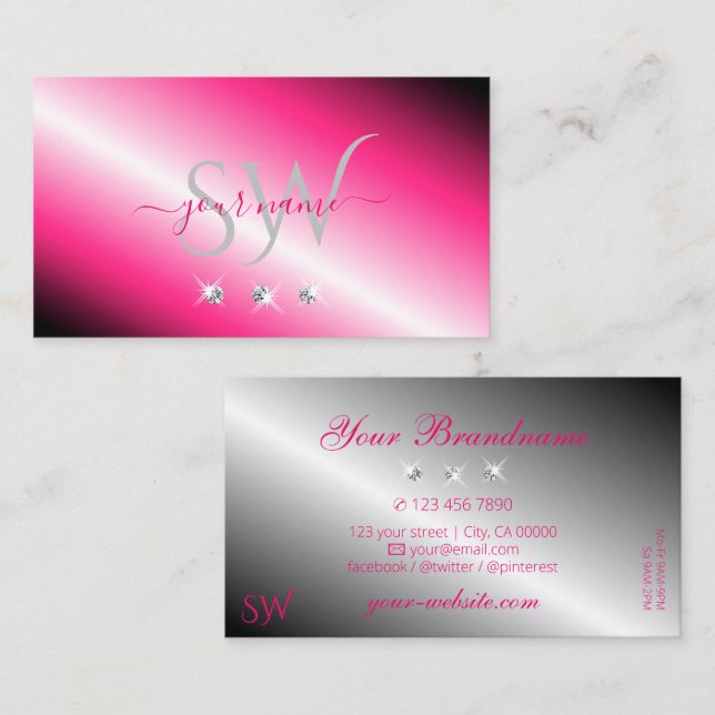 Tarjeta De Visita Iniciales De Diamantes De Plata Rosa Capturando Oj (Anverso / Reverso)