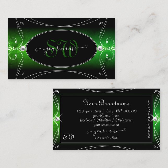 Tarjeta De Visita Iniciales De Joyas De Esparkle De Estilo Verde Neg (Anverso / Reverso)