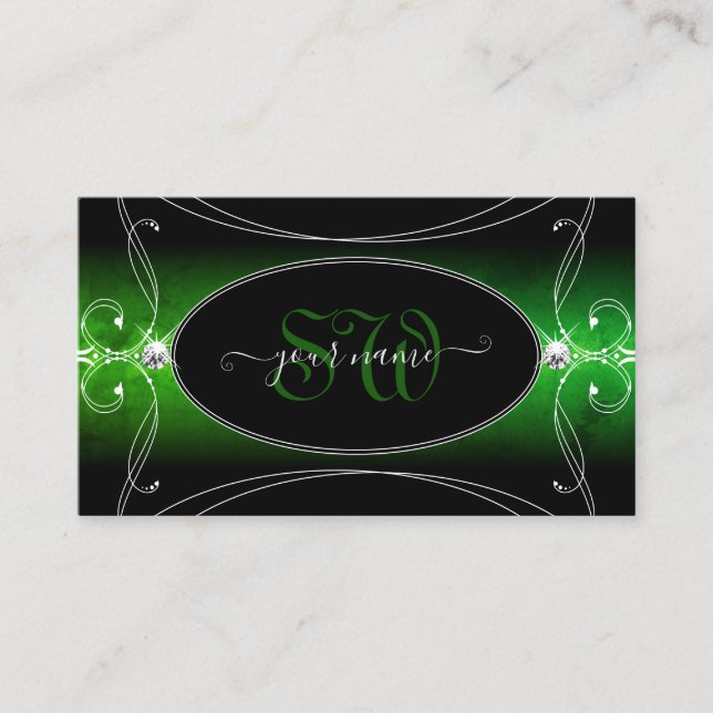 Tarjeta De Visita Iniciales De Joyas De Esparkle De Estilo Verde Neg (Anverso)